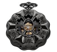 Realpoo Reloj de bolsillo mecánico negro irregular para hombre, reloj de bolsillo mecánico con esfera romana negra hueca para hombres, SWQ-109