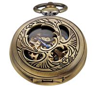 Realpoo Relojes de bolsillo mecánicos de caja calada marrón clásico, relojes de bolsillo mecánicos de bronce vintage mecánicos números romanos relojes de esfera negra para hombres, SWQ-106