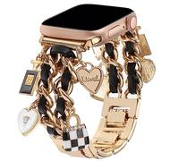 REALSIGN Elegante Pulsera Compatible con Apple Watch 38mm, 40mm, 41mm, 42mm, 44mm, 45mm, 49mm, correa de repuesto con colgantes únicos para iWatch Series 8, 7, 6, 5, 4, 3 2 1 SE, Oro + cuero negro,