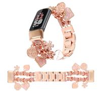 REALSIGN Elegante pulsera de metal compatible con Fitbit Charge 6/Charge 5 Band para mujer, pulsera de cadena cubana con colgantes únicos de árbol de la vida, bonita correa de abalorios (flor oro rosa