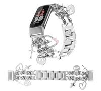 REALSIGN Elegante pulsera de metal compatible con Fitbit Charge 6/Fitbit Charge 5 Band para mujer, bonita correa con colgantes de cruz de amor, pulsera de cadena para rastreador de fitness (plata +