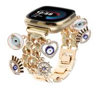 REALSIGN Elegante pulsera de metal compatible con Fitbit Versa 4/Versa 3/Sense 2/Sense, bonita correa con colgantes brillantes de mal de ojo, pulsera para mujer (ojos dorados brillantina)