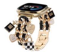 REALSIGN Elegante pulsera de metal compatible con Fitbit Versa 4/Versa 3/Sense 2/Sense, bonita correa con colgantes únicos en forma de corazón para mujer (oro + cuero negro)