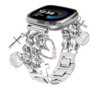 REALSIGN Elegante pulsera de metal compatible con Fitbit Versa 4/Versa 3/Sense 2/Sense, bonita correa con colgantes únicos de cruz y amor, pulsera para mujer (plata + cuero plateado)