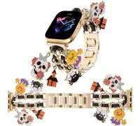 REALSIGN Elegante pulsera de metal y cuero compatible con Apple Watch Band de 38/40/41 mm, cadena cubana dorada y negra con colgantes para iWatch Series 10/9/8/7/6/5/4/3/2 SE