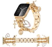 REALSIGN Elegantes correas de metal compatibles con Apple Watch Band de 41/40/38 mm para mujer, correa de cadena cubana con bonitos colgantes de cruz de amor para iWatch Series 10, 9, 8, 7, 6, 5, 4, 3