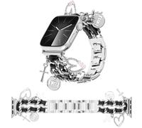 REALSIGN Elegantes correas de metal compatibles con Apple Watch Band de 41/40/38 mm para mujer, correa de cadena cubana con bonitos colgantes de cruz de amor para iWatch Series 10, 9, 8, 7, 6, 5, 4, 3