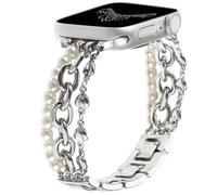 REALSIGN Pulsera de cuentas de perlas compatible con correas de Apple Watch de 42 mm, 44 mm, 45 mm, 49 mm, elegante pulsera plateada con forma de amor, correa de joyería para iWatch Series 9, 8, 7, 6
