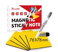 Realth Etiquetas magnéticas para escribir, 20 unidades, 76 x 76 mm, color amarillo, con 2 rotuladores, imanes reutilizables, para pizarra, frigorífico, oficina, aula (RSN3330Y)