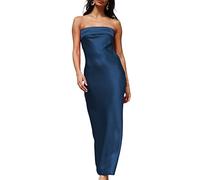 Realtix - Vestido largo de satén y seda para mujer, sin espalda con parte superior estilo tubo, espalda baja y diseño hueco, elegante, sin tirantes, para invitadas a bodas, marino, S