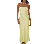 Realtix - Vestido Largo de satén y Seda para Mujer, sin Espalda con Parte Superior Estilo Tubo, Espalda Baja y diseño Hueco, Elegante, sin Tirantes, para invitadas a Bodas, Ganso Amarillo, Large