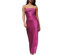 Realtix - Vestido largo de satén y seda para mujer, sin espalda con sujetador tipo bandó, espalda baja y diseño hueco, elegante, sin tirantes, para invitadas a bodas, Fucsia, S