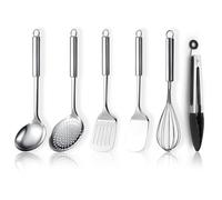 ReaNea Juego de utensilios de cocina de acero inoxidable 6 piezas incluye juego de espátula de metal, espumadera, cucharón, pinza, batidor esenciales Nuevo hogar debe tener