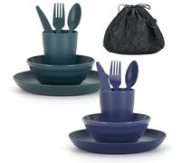 ReaNea Utensilios de Camping para 2 con tazón, Plato, Taza, Cuchara, Tenedor, Cuchillo y Bolsa de Transporte, plástico Accesorios de Camping Esenciales Equipo para Viajes, Picnic