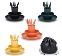 ReaNea Utensilios de camping para 4 con tazón, plato, taza, cuchara, tenedor, cuchillo y bolsa de transporte, plástico Accesorios de camping Esenciales Equipo para viajes, picnic