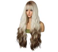 Reapyyt de Pelo Plateado TeñIdo MarróN 80 cm Peluca Mujer Pelo y Rizado Peluca Mediana Flequillo Peluca de Fibra Ondulada de Agua