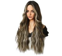 Reapyyt Peluca TeñIda de Color MarróN Beige de 72 Cm, Peluca de Mujer de Pelo y Rizado, Peluca Mediana con Flequillo, Peluca de Fibra Ondulada de Agua