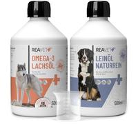 ReaVET Barf-Oil Set 2 con 500 ml de aceite de lino y aceite de salmón para perros y gatos - Producto natural, sin aditivos, 100% puro, aditivo Barf, aceite de Barf ácidos grasos omega 3 y 6