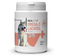 ReaVET Cápsulas de aceite de salmón para perros, 200 unidades, aceite de salmón omega-3 para perros y gatos, aceite de pescado de alta dosis de calidad alimentaria
