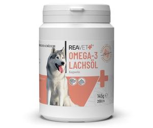 ReaVET Cápsulas de aceite de salmón para perros, 200 unidades, aceite de salmón omega-3 para perros y gatos, aceite de pescado de alta dosis de calidad alimentaria