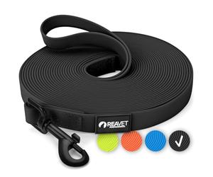 ReaVET Correa de arrastre para perros de 10 metros, color negro, resistente e impermeable, correa larga para ejercicios con mango acolchado, correa de entrenamiento para perros grandes y pequeños