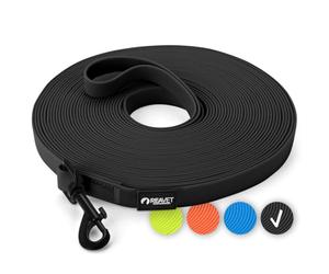 ReaVET Correa de arrastre para perros de 15 metros, color negro, resistente e impermeable, correa larga para ejercicios con asa, correa de entrenamiento para perros grandes y pequeños