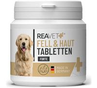 ReaVET Pastillas para perros de pelo y piel, 120 unidades, para problemas de pelaje, dermatosis y pérdida de cabello, pastillas para perros, apoyo a la función de la piel