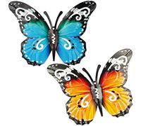 REBECASKYENS 2 decoraciones de jardín de mariposas de metal grandes para exteriores, arte de pared, mariposa de metal para exteriores, vallas y cobertizos, 27 x 22 cm (azul y amarillo)