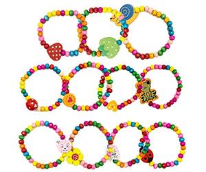 REBECASKYENS Pulseras de madera multicolor, 12 unidades, para niñas y niños, joyas para la amistad y regalos de cumpleaños