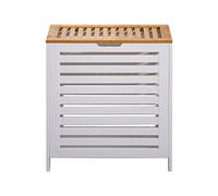Rebecca Mobili Cesto para la colada sucia con tapa de madera de bambú MDF blanco marrón para ahorrar espacio, organización de la lavadería del baño - Medidas 55 x 50 x 30 cm - Art. RE6711