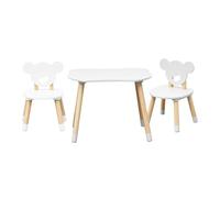 Rebecca Mobili Juego de Mesa y 2 Sillas para Niños, Mesa Infantil con Sillas, Blanco Marrón, MDF Pino, para Habitación Montessori - Dimensiones: 44 x 60 x 56 cm / 47 x 30 x 28 cm - Art. RE7137