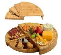 Recalma Tabla de bambú para queso con cuchillo de queso, 4 capas, bandeja redonda para servir queso y aperitivos, tabla de charcuterie, placa giratoria, placa de servir de madera giratoria, plato de