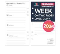 Recambio de agenda 2026 de tamaño personal semanal en dos páginas, color blanco, enero de 2026 a diciembre de 2026, compatible con el organizador de 6 anillos de tamaño personal Filofax, 95 x 171 mm