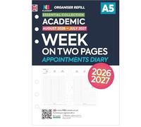 Recambio de agenda académica 2026-2027 tamaño A5 semanal en dos páginas | agosto 2026 - julio 2027 | Compatible con organizadores Filofax de 6 anillas tamaño A5 | 148 x 210 mm