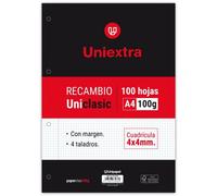 Recambios A4 100 Hojas 100 G Cuadricula 4X4 mm Con Margen Con Taladros Uniclasic Uniextra