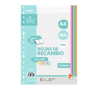 RECAMBIOS CUADRICULADO A4 QUIJOTE PAPER WORLD - Multitaladro, 100 hojas, 90gr/m2, 5x5mm cuadriculado, para 2 y 4 anillas, uso escolar o de oficina - PASTEL