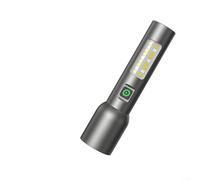 Recargable para mini linterna con haz de zoom de hasta 430 metros de alcance y luces laterales dobles para camping, senderismo, uso de color plateado, cuerpo de aleación de aluminio compacto, tipo C