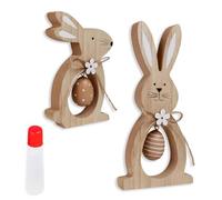 Reccisokz Decoraciones de conejitos de Pascua de madera, juego de dos figuritas de conejitos de Pascua de pie, decoración festiva para la mesa, incluye 50 ml de pegamento líquido.