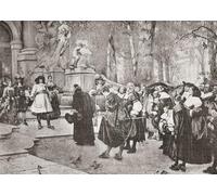 Recepción de los refugiados protestantes calvinistas franceses (hugonotes) por el Gran Elector en el Castillo de Potsdam 1685. Protestantes franceses que huyen de su país después de la abolición del