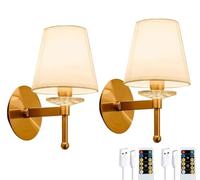 Rechargable Wall Sconces/Operated Wall Lights with Remote&, Not Hardwired Dimmable Brass Wall Lamp with White Fabric Shade & Clear Crystal, for Bedroom Living Room