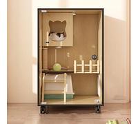 Recinto de madera para gatos, casa grande para gatos para interiores y exteriores con puertas de escape y ruedas, jaula para gatos cerrada multifunción para el hogar o tienda de mascotas