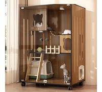 Recinto de madera para gatos de interior, casa grande de madera para gatos para interiores y exteriores, jaulas para gatos cerradas con puertas de escape y ruedas, adecuada para el hogar, tienda de