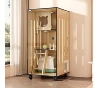 Recinto de madera para gatos de interior, casa grande de madera para gatos para interiores y exteriores, jaulas para gatos cerradas con puertas de escape y ruedas, adecuada para el hogar, tienda de