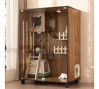 Recinto de madera para gatos de interior, casa grande de madera para gatos para interiores y exteriores, jaulas para gatos cerradas con puertas de escape y ruedas, adecuada para el hogar, tienda de
