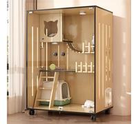 Recinto de madera para gatos de interior, casa grande de madera para gatos para interiores y exteriores, jaulas para gatos cerradas con puertas de escape y ruedas, adecuada para el hogar, tienda de