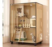 Recinto de madera para gatos de interior, casa grande de madera para gatos para interiores y exteriores, jaulas para gatos cerradas con puertas de escape y ruedas, adecuada para el hogar, tienda de