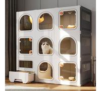 Recinto de resina para gatos con caja de arena, casa para gatos de varios niveles con ventana transparente y cerraduras de perilla seguras para una vida segura y cómoda