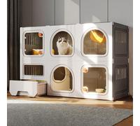 Recinto interior para gatos con caja de arena, casa de resina de varios niveles con ventana transparente y cerraduras de perilla seguras para una vida segura y cómoda de las mascotas