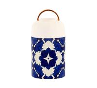 Recipiente de alimentos aislado al vacío de acero inoxidable con patrón vintage azul y blanco para alimentos calientes con cuchara para pasta de hombre, 17 onzas
