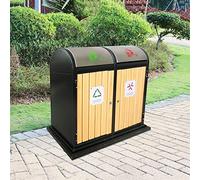 Recipiente de basura grande para exteriores con cubos dobles, basura de acero y madera con tapa giratoria, contenedor de basura para reciclaje comercial pesado